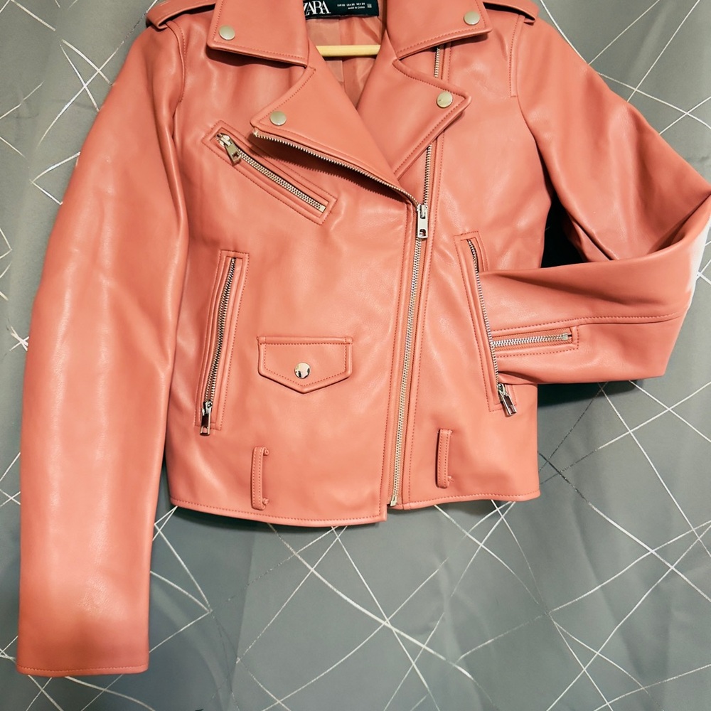 Zara Coral Pink Faux Leather Moto Jacket